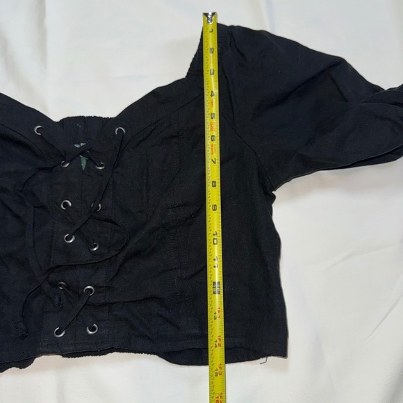 Wild Fable Black Lace Up Corset Crop Top Puff Sleeve Smocked Back Large Linen - Picture 5 of 7